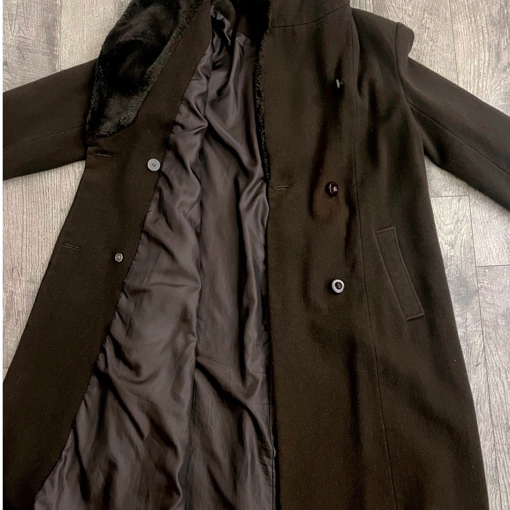 Donnybrook Dark Brown Wool Blend Faux Fur Lined Hooded Double Breasted Coat 12 - Picture 2 of 9